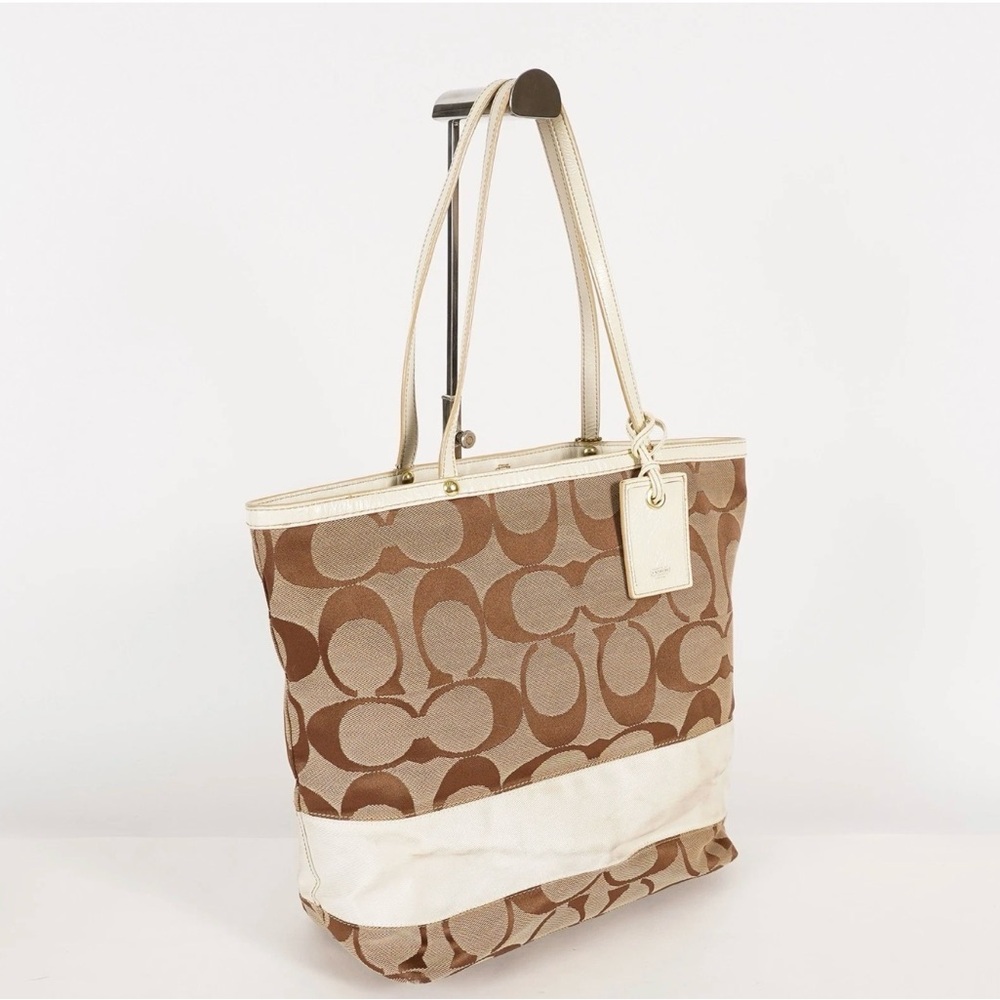 Coach Signature Brown and Cream Canvas Leather Tote Bag - Picture 5 of 16